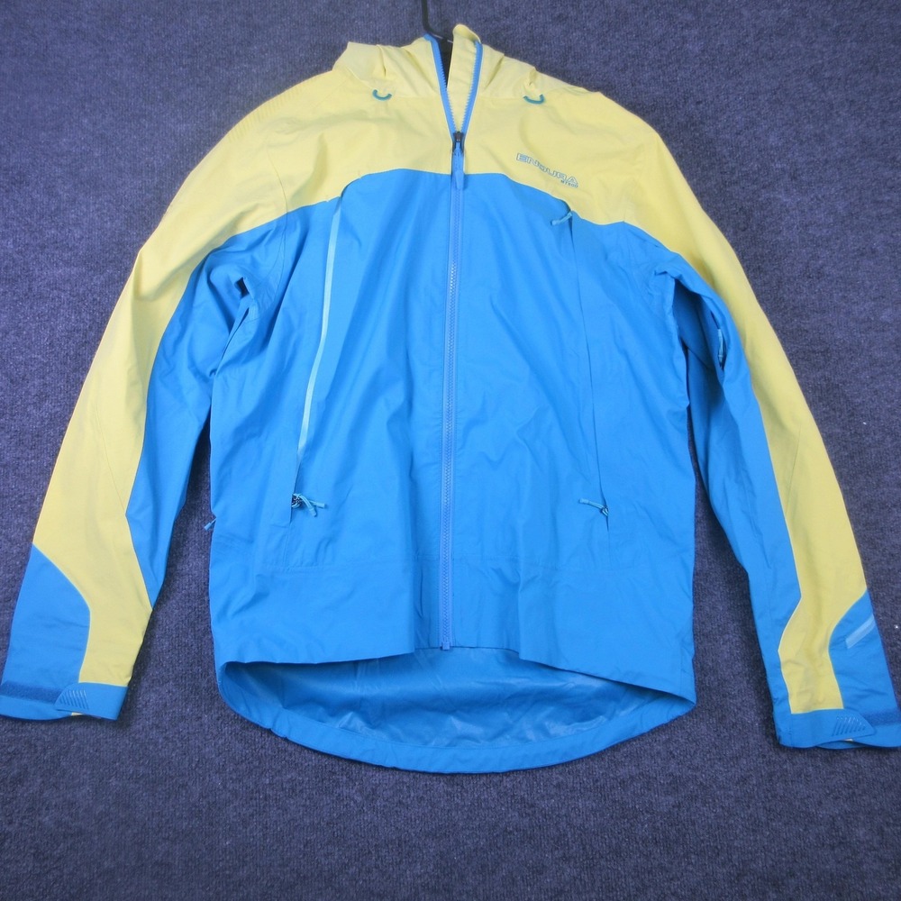 Endura MT500 Cycling Rain‎ Jacket Mens Medium Blue Yellow Hooded Waterproof MTB